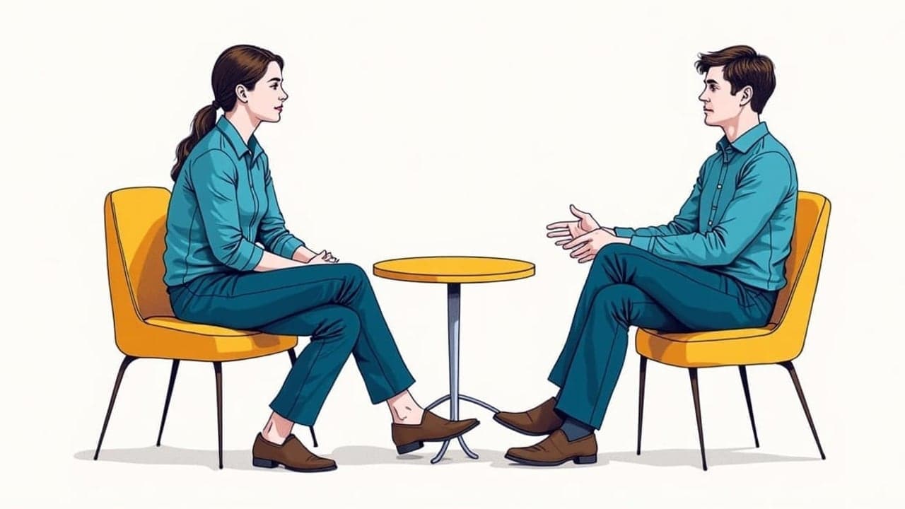 Two people seated across a small table in an interview