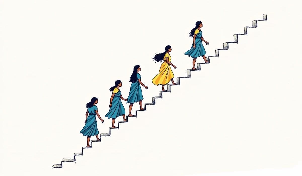 Illustration of five women climbing a staircase, each a step higher than the last