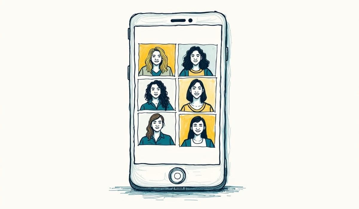 Illustration of a phone showing a grid of six women in a live online class
