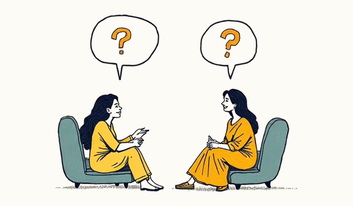 Illustration of two women sitting in armchairs facing each other in conversation, question marks above them
