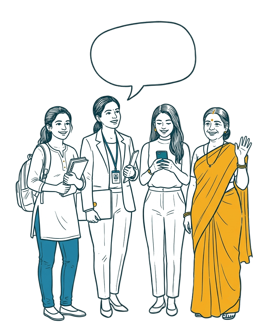 Pen-and-ink illustration of three smiling Indian women — one waving, one holding a phone, one holding a book — with a speech bubble above them
