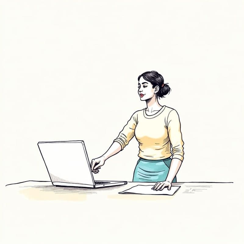Illustration of two people shaking hands across a desk beside an open laptop