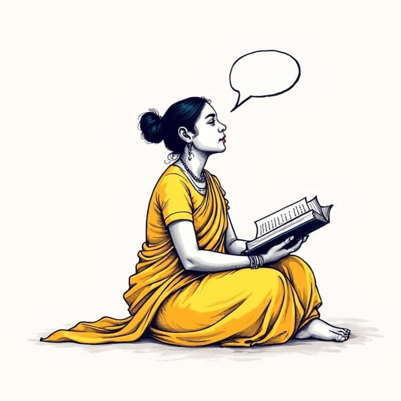 Illustration of a woman reading aloud from an open book, a speech bubble beside her