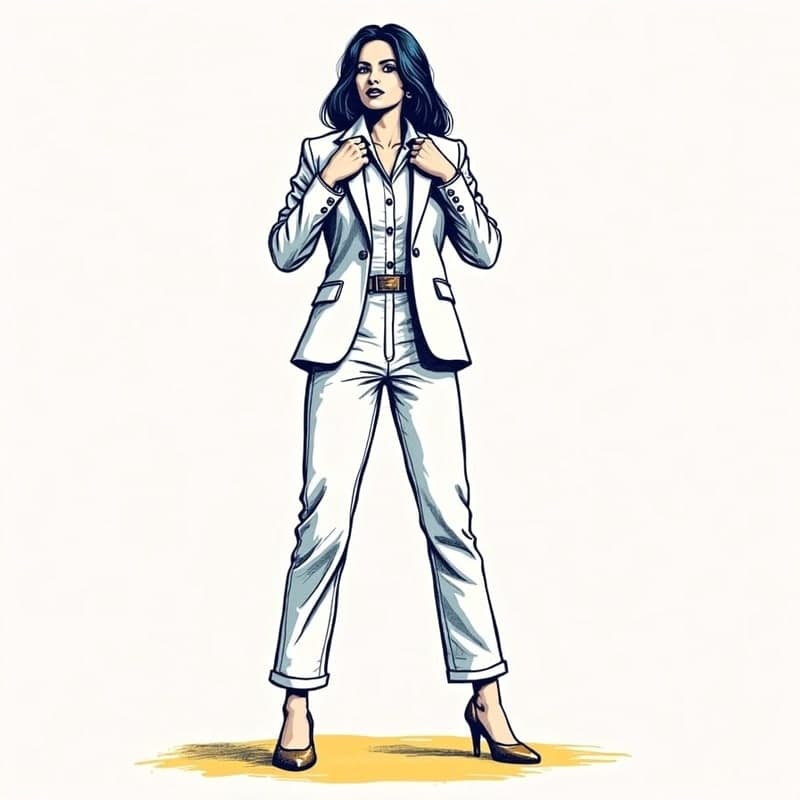 Illustration of a woman in a blazer standing tall, adjusting her collar
