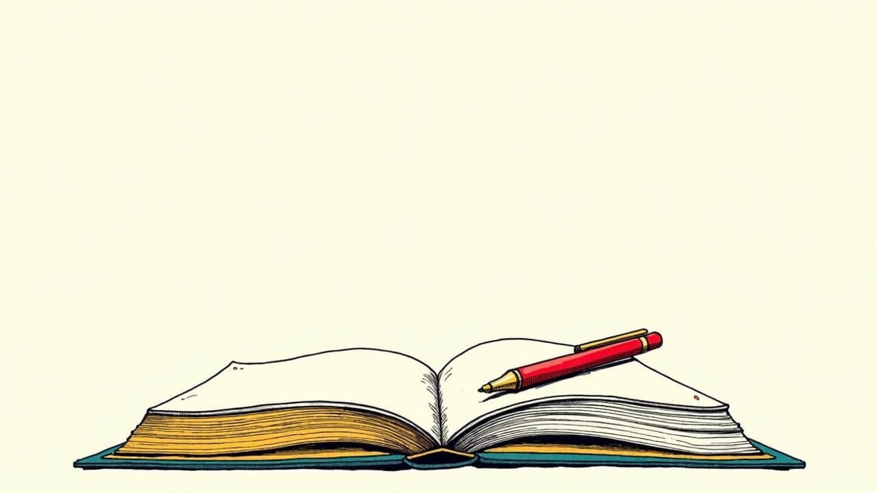 An open exercise book with a pen resting on it and a correction mark