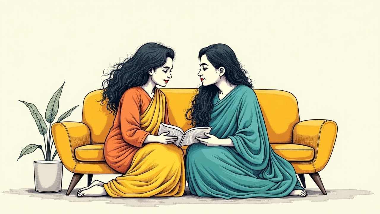 A mother and her young son sitting together on a sofa, talking