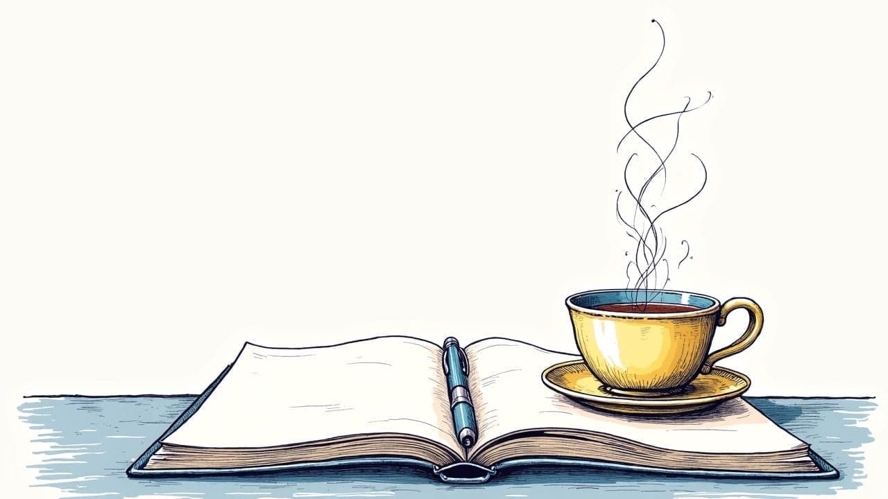 An open notebook and a cup of chai on a table with a pen resting across the page