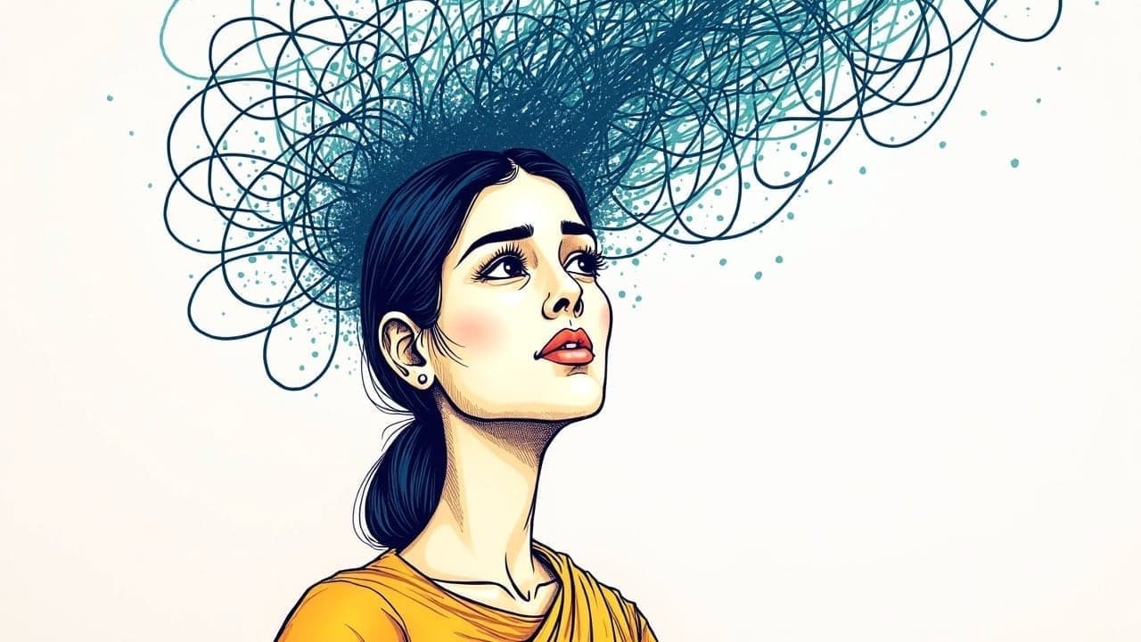 A woman looking thoughtful with tangled scribbles above her head unwinding into one line