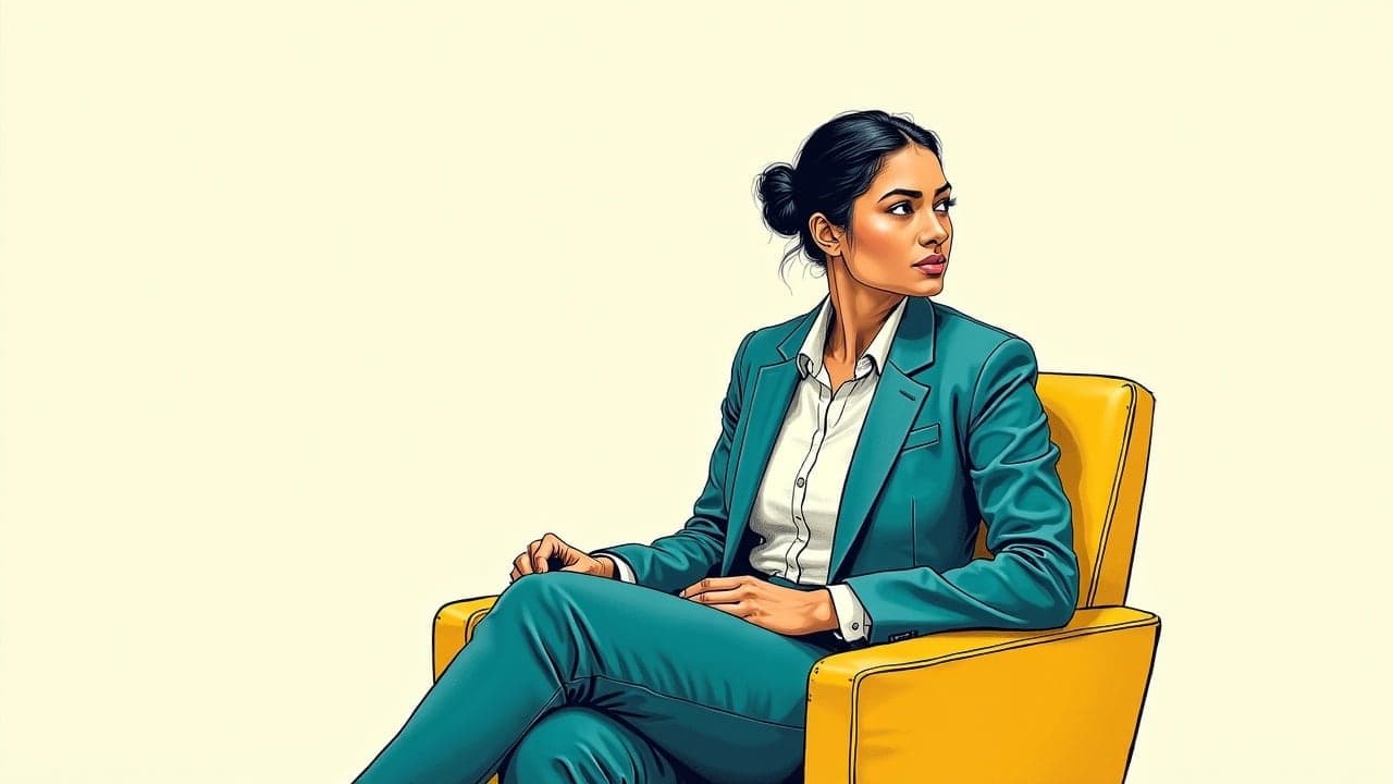 A woman in a blazer sitting upright and confident in a chair