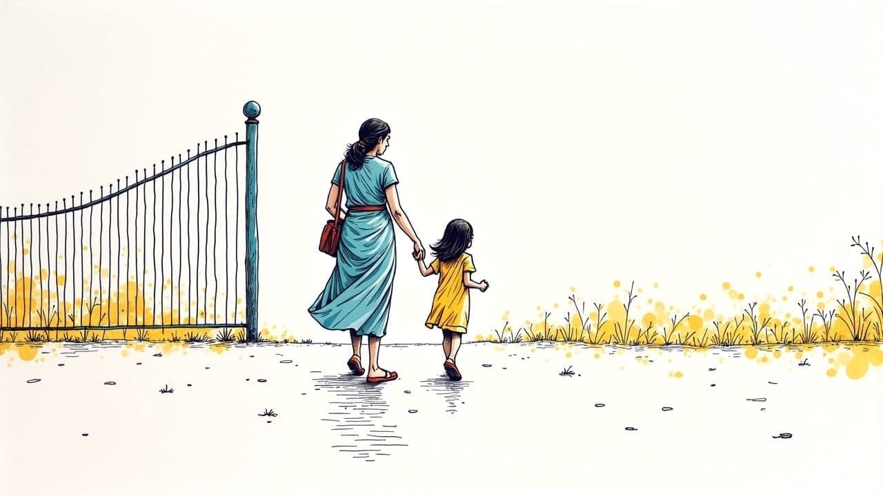 A mother and her daughter walking hand in hand past a school gate