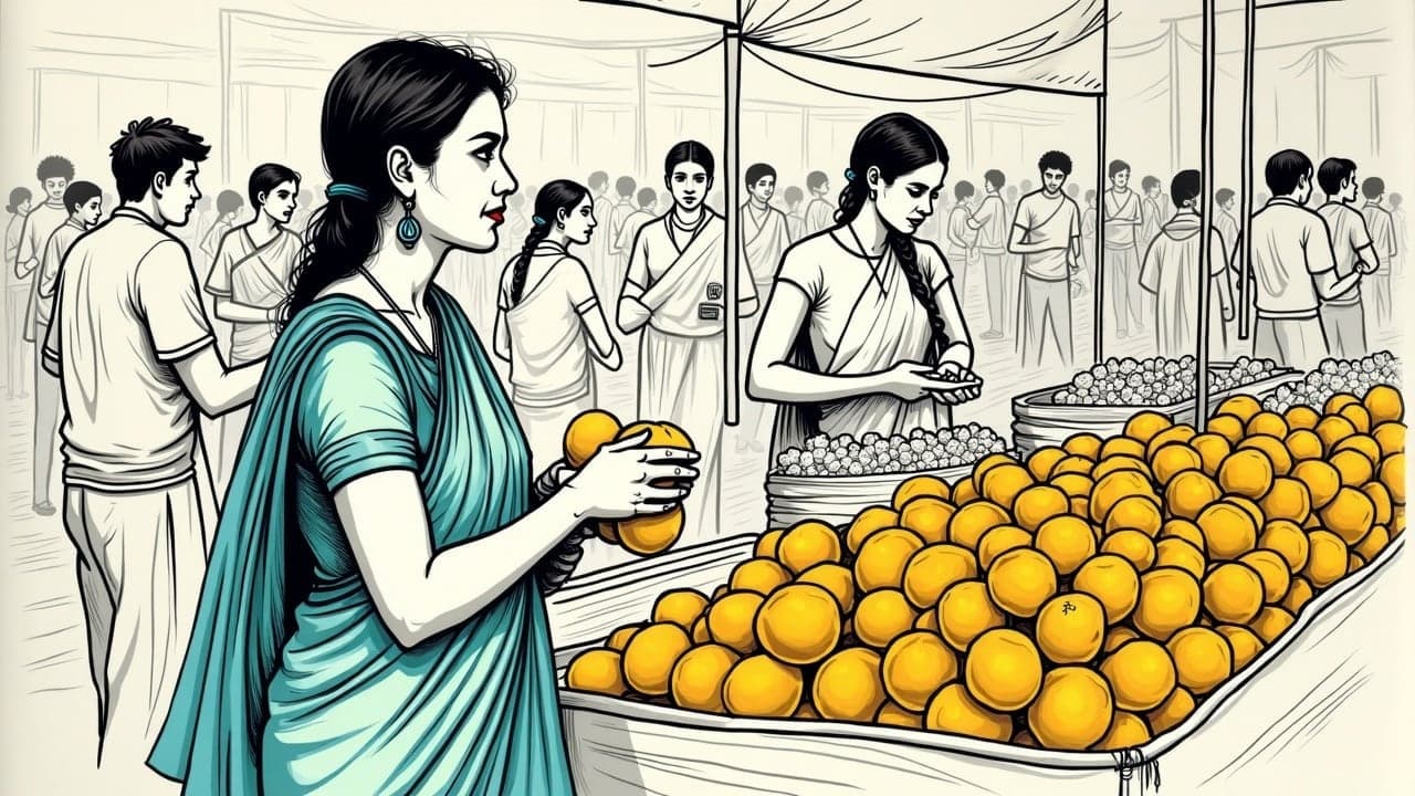 A woman at a market stall holding fruit and talking to the vendor