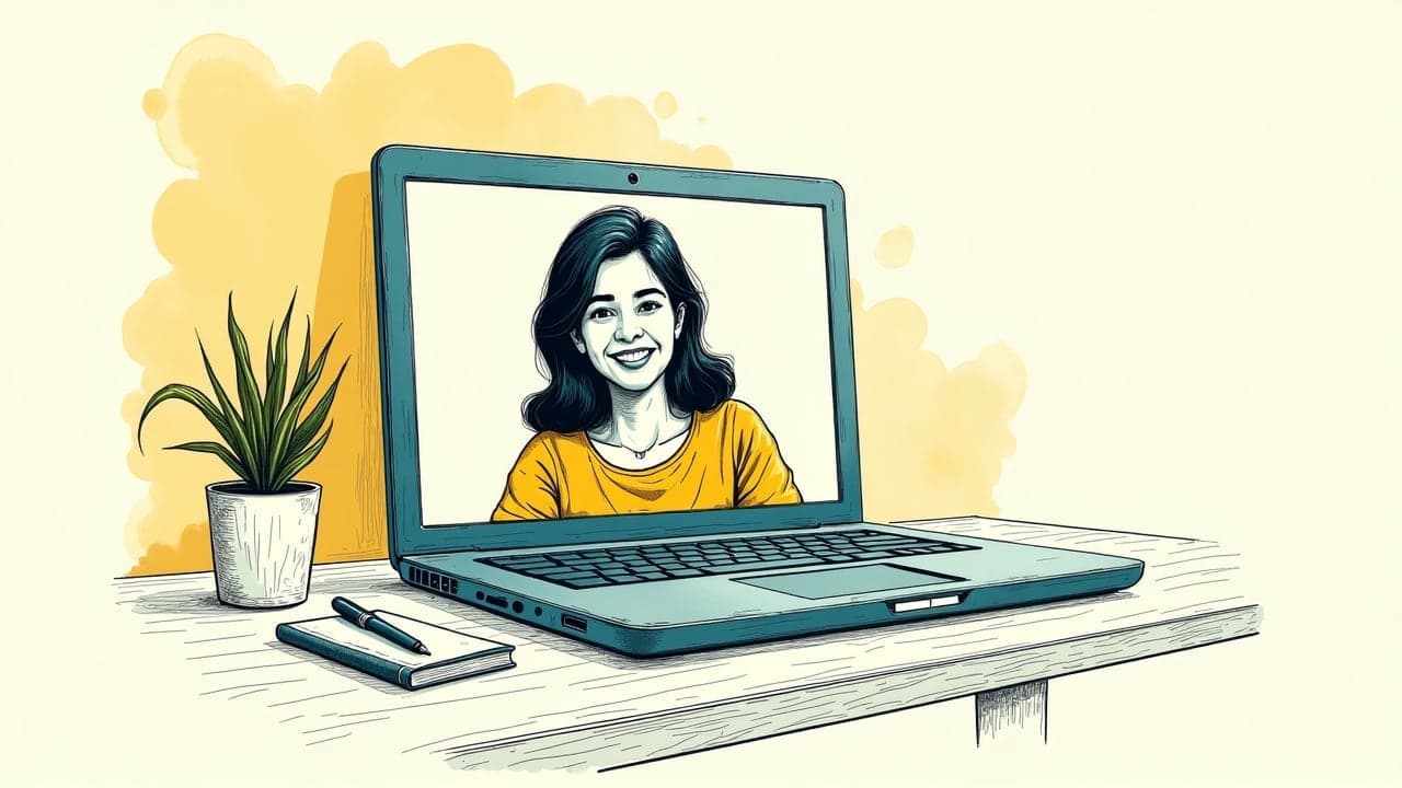 A laptop screen showing a woman on a video call, notepad beside it