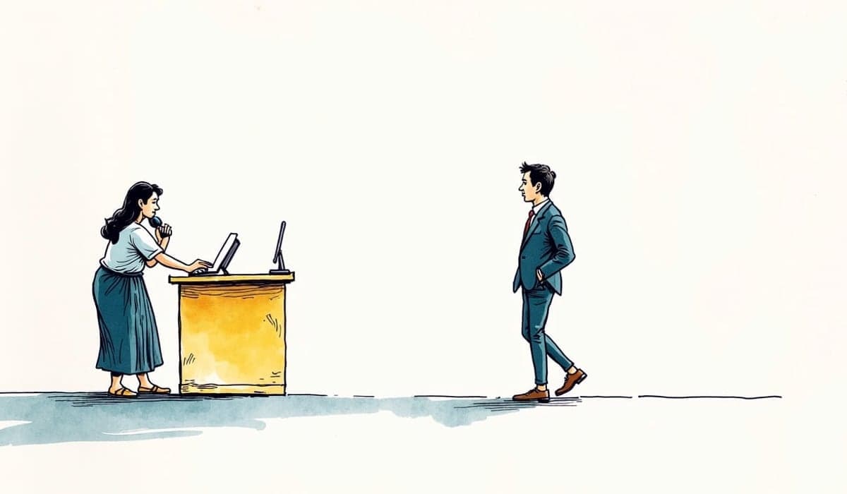 Illustration of a woman on the phone looking uncertain while a customer walks away from a counter