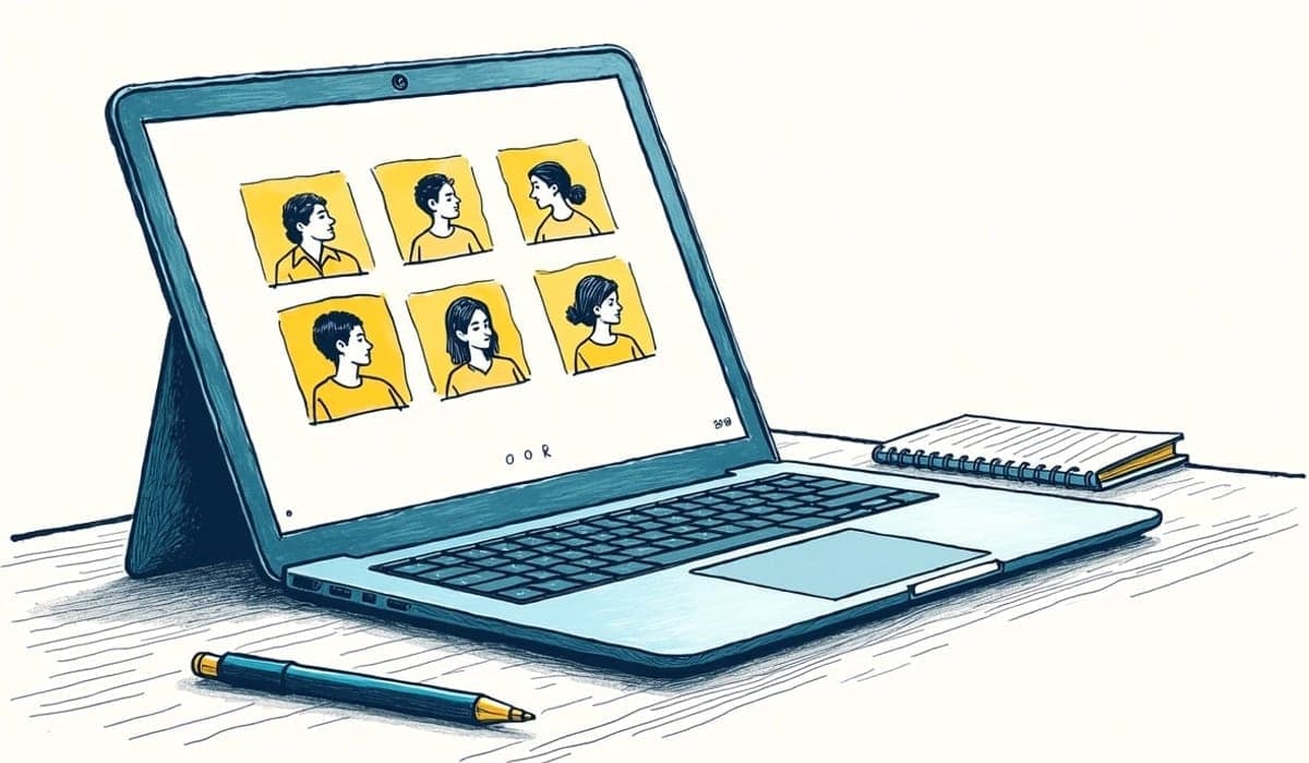 Illustration of a laptop showing a live class with five participants, a notepad beside it
