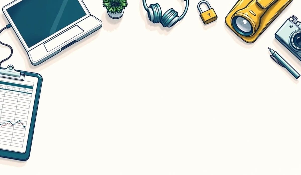 Illustration of workplace objects: a laptop, a spreadsheet, a headset, a presentation board, a camera and a padlock