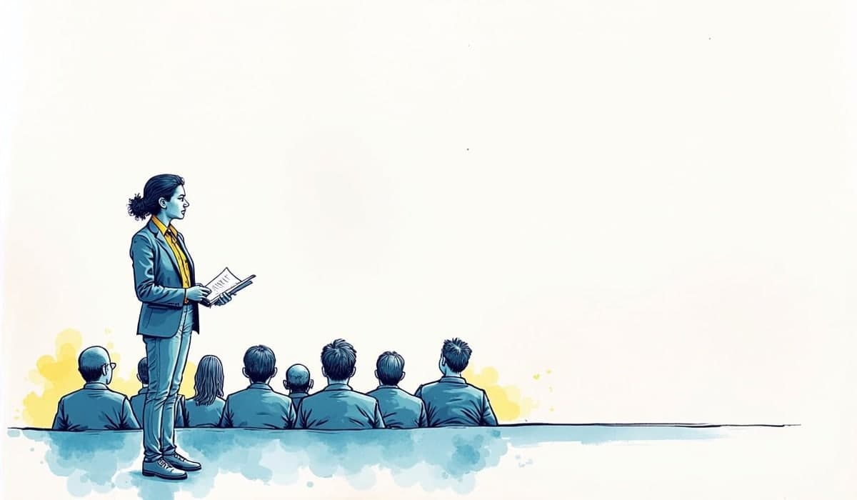 Illustration of a woman in a blazer presenting confidently to a small seated audience
